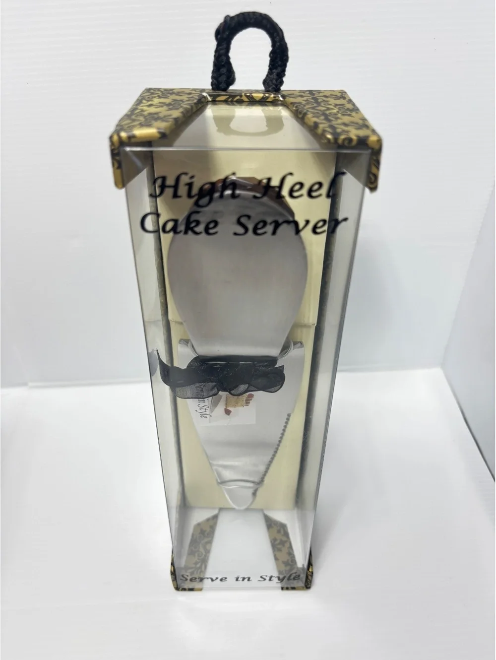 High Heel Cake Server with Decorative Amber Heel and Black Bow - Elegant Server